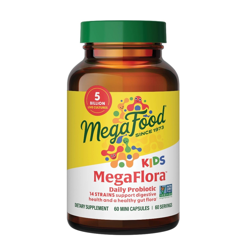 MegaFood MegaFlora Kids Probiotics - 5 Billion CFUs - Non-GMO, Vegetarian, Made Without 9 Food Allergens, Probiotics for Digestive Health- 60 Mini Capsules (60 Servings)