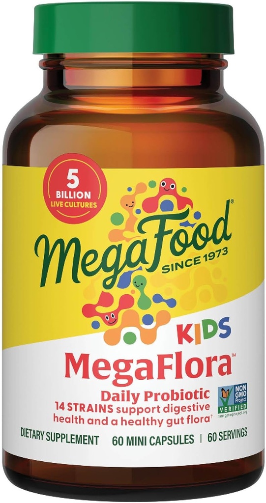MegaFood MegaFlora Probiotiques pour enfants - 5 milliards UFC - Non-OGM, Végétarien, fait sans 9 allergènes alimentaires, probiotiques pour la santé digestive- 60 Mini Capsules (60 portions)