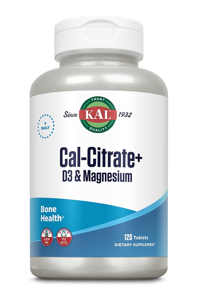 KAL Cal-Citrate+, Calcium Citrate Plus Vitamin D-3 and 500 mg of Magnesium, Healthy Bones and Teeth Support, Gluten Free and Lab Verified for Quality, 30 Servings, 120 Tablets