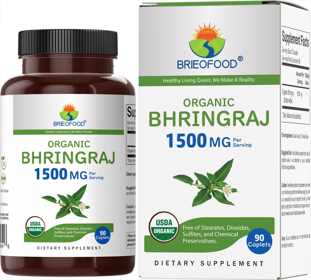 Brieofood Organic Bhringraj 1500mg, 45 Serving, vegetarijanec, Gluten brez, 90 vegetarijanske tablete