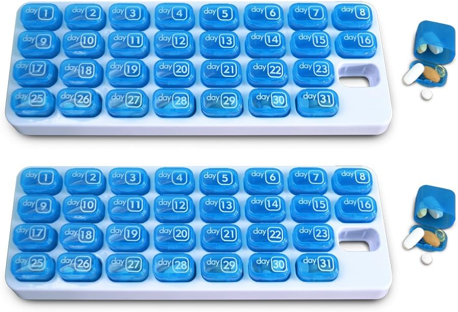 31 Day Monthly Pill Organizador con Pop Out Pocket Pill Pods e Tray de almacenamento para vitaminas, suplementos, casa, traballo ou viaxe - 2 Pack Blue