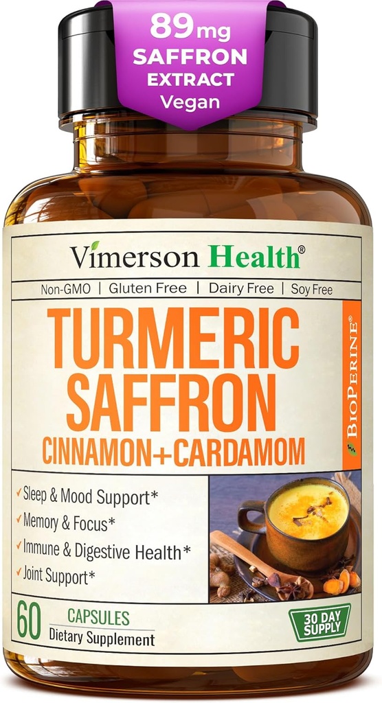 Saffron suplementaris  2001- 89 mmg Safferon Extrac i 1000mmg Tumeric Sick Allly Turmeric suplementari amb la Canyella Cylon i Cardamom per a Mouard, memòria i Eye health Squaint suplementaris per a dones i Menuml 60 comte