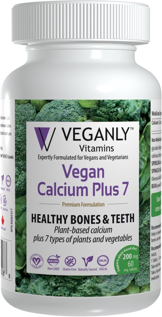 VEGANLY Vitamins- Vegan Calcium Plus 7 for Healthy Bones and Teeth (60 caps) Plant-Based Supplement