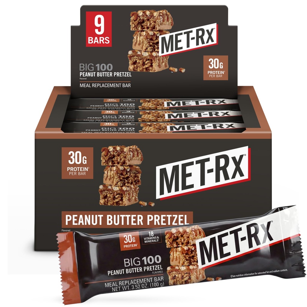 MET-Rx Big 100 Colossal Protein Bars, Great as Healthy Meal Replacement, Snack, and Help Support Energy, Peanut Butter Pretzel, With Vitamin A, Vitamin C, and Zinc, 100 g, (Pack of 9)