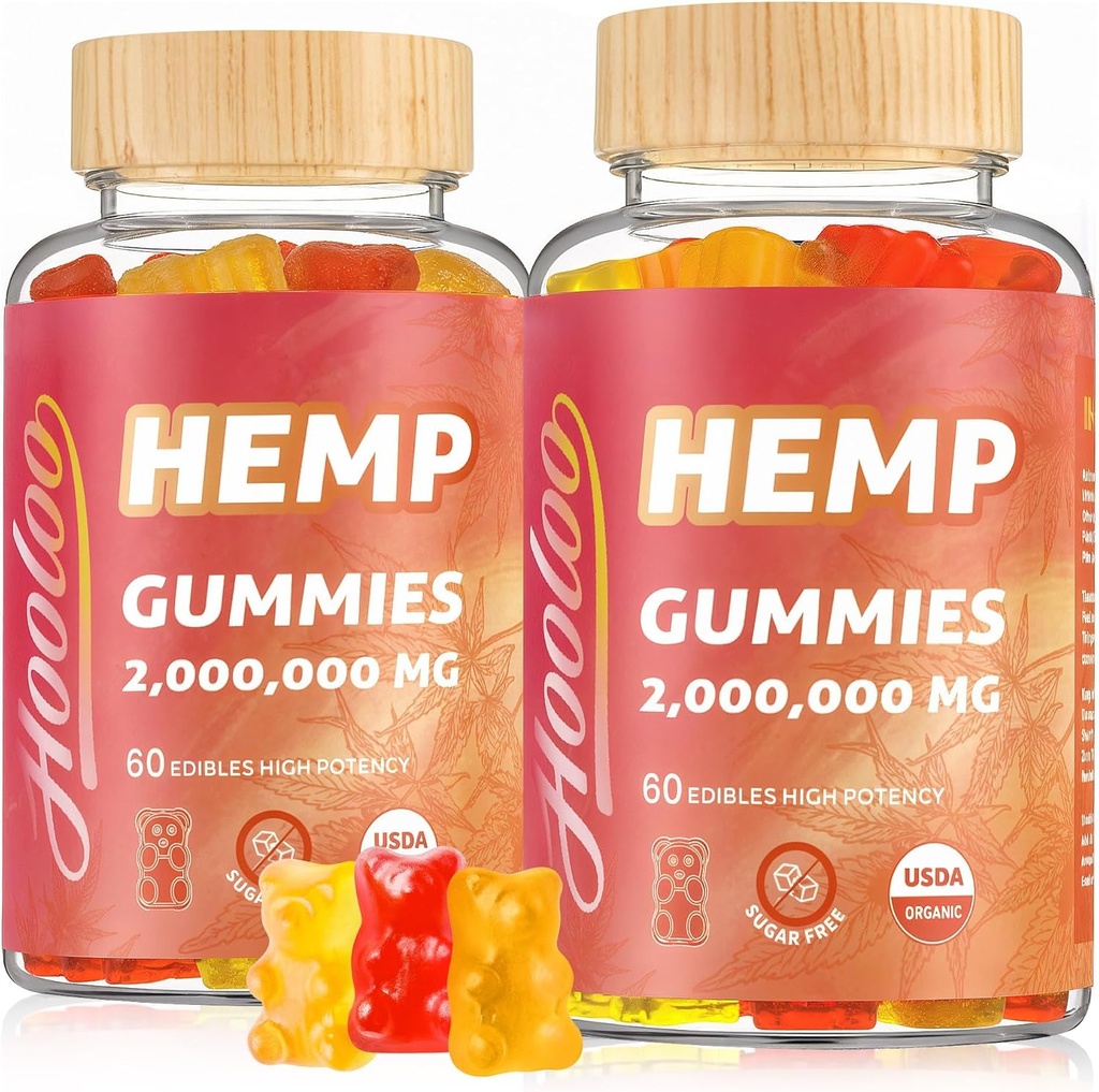 HOOLO Hemp Gummies helduentzat - High Potency 2,000,000MG, % 100 Natural Pure Azukre organikoa fruiturik gabeko Hemp Gummies, Made in USA