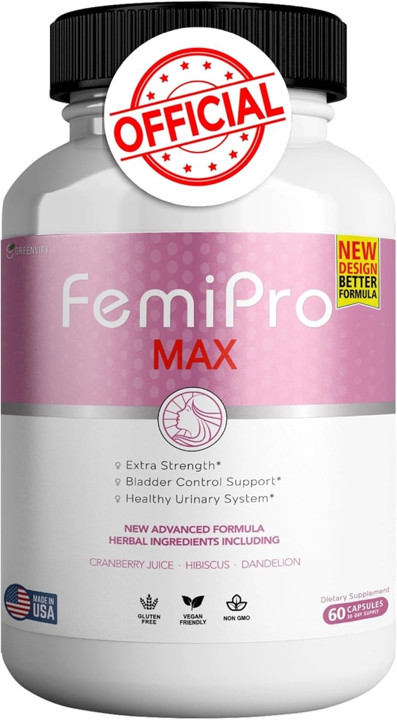 FemiPro MAX Phụ nữ Hỗ trợ Urinary, 60 Capsules, thêm sức mạnh kiểm soát Bladder với Cranberry, Hibiscus, Dandelion, Vegan, Gluten Free (1)