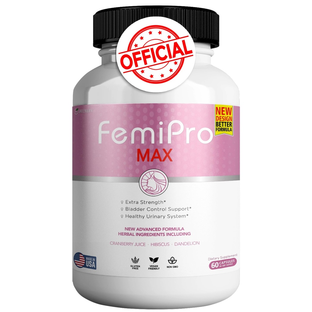 FemiPro MAX Women's Urinary Support Supplement, 60 Capsules, Extra Strength Bladder Control with Cranberry, Hibiscus, Dandelion, Vegan, Gluten Free (1)