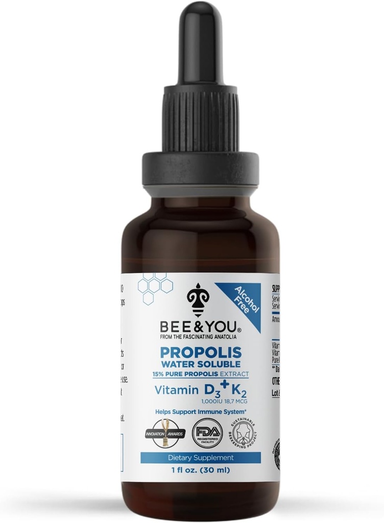 Extrato de própolis líquido, Solúvel em Água, Vitaminas D3+K2, alta potência, suplemento de suporte imunológico, alívio da garganta dolorido, antioxidantes, Keto, Paleo, sem glúten, 1 Fl Oz (1 pacote)