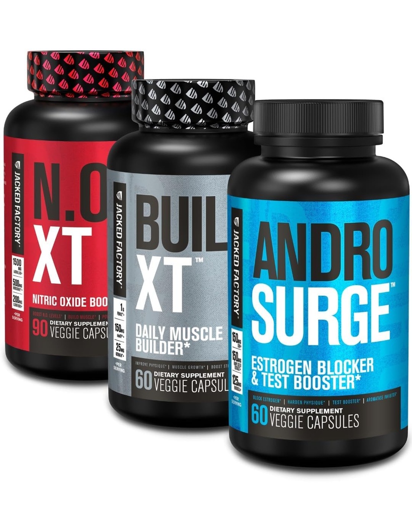 Jacked Factory N.O. XT Nitric Oxide Supplement, Build-XT Muscle Builder, & Androsurge Estrogen Blocker for Men