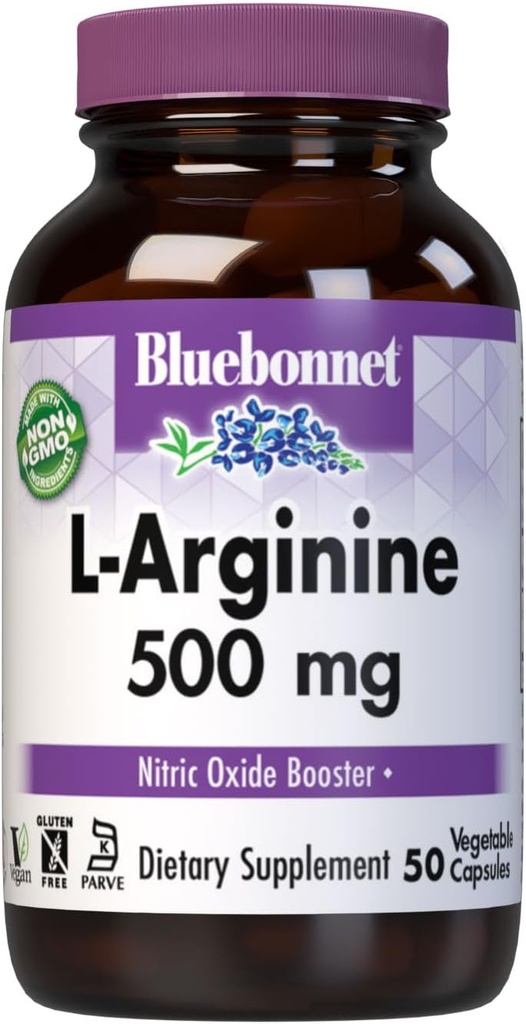 Bluebonnet Nutrition L-Arginina 500mg, Aminoácido Forma Livre, Precursor de Óxido Nítrico, Sem Soja, Sem Glúten, Não-GMO, Certificado Kosher, 50 Cápsulas Vegetais, 50 Servimentos