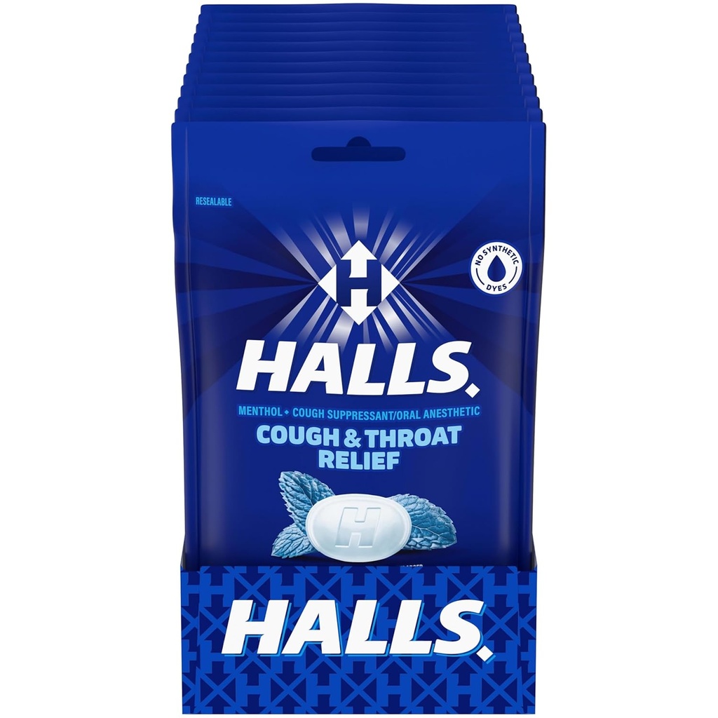 HALLS Cough og Throat Relief Mentho-Lyptus Cough dråper, 12 poser på 30 (360 totalt dråper)