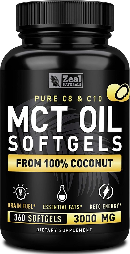 Pure MCT Oil Capsules (360 Softgels | 3000mg) 4 Month Supply Keto Pills w Unrefined Coconut - C10 & C8 Brain Fuel, Energy, Octane Ketosis