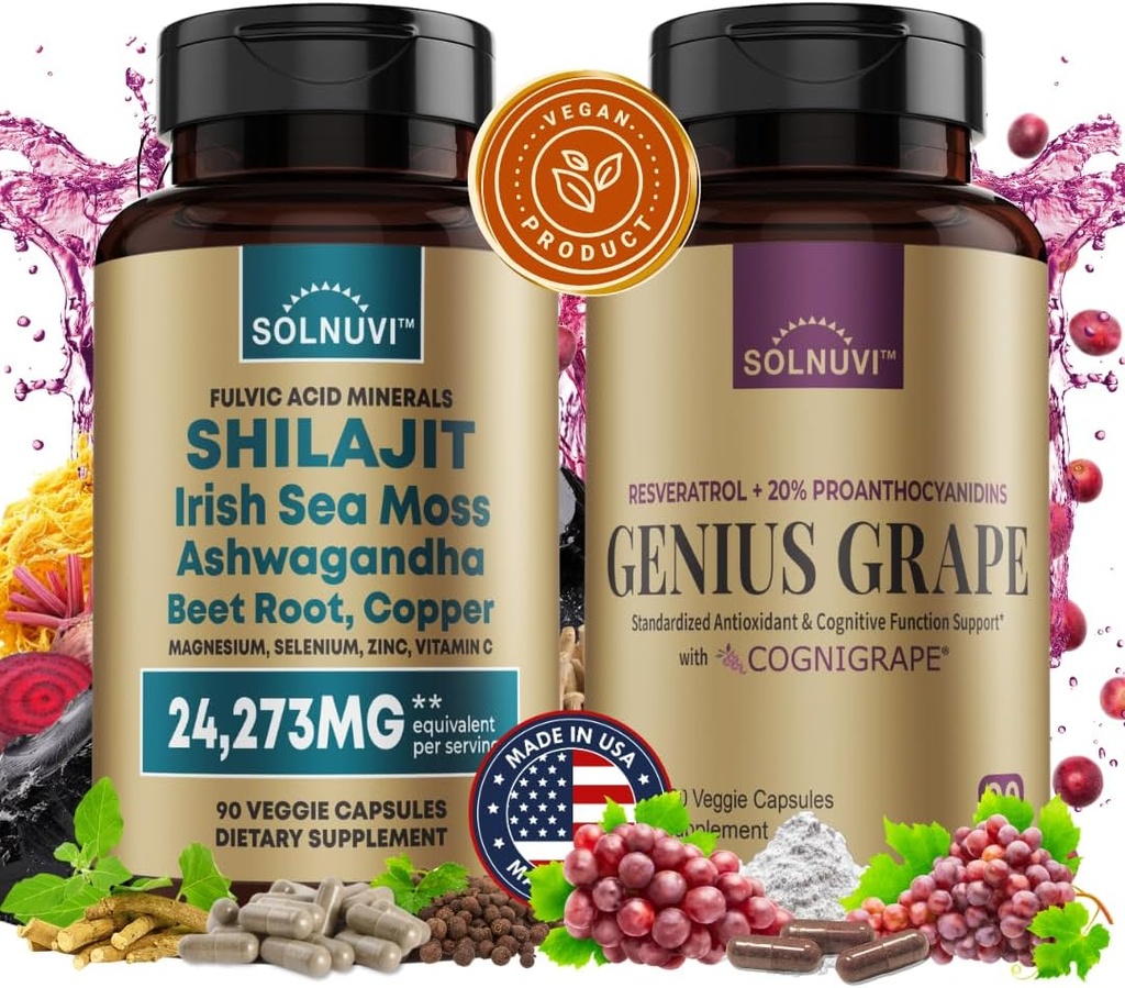 Cognitive Wellness Bundle - Resveratrol Complex & Shilajit Fulvic Acid Minerals - Sea Moss, Ashwagandha, Clinicamente testado Cognigrape Red Grape Extract - Não-GMO, Gluten-free, Vegan Supplement