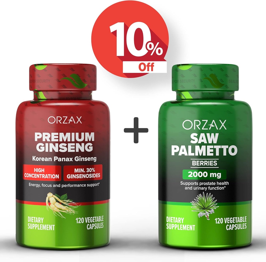 ORZAX Ginseng, 30% Ginsenosids 120 Vegabilní kapsle a Saw Palmetto 2000 mg 120 Zeleninové kapsle, Bundle