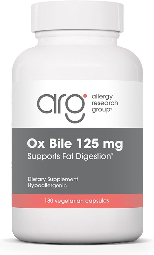 Allergy Research Group Ox Bile 125 mg - Ox Bile lisäravinteet sappirakon, Dgestive Enzymes maksan, Fat Digestion Support, miesten ja naisten Hypoallergenic Formula - 180 Vegicaps