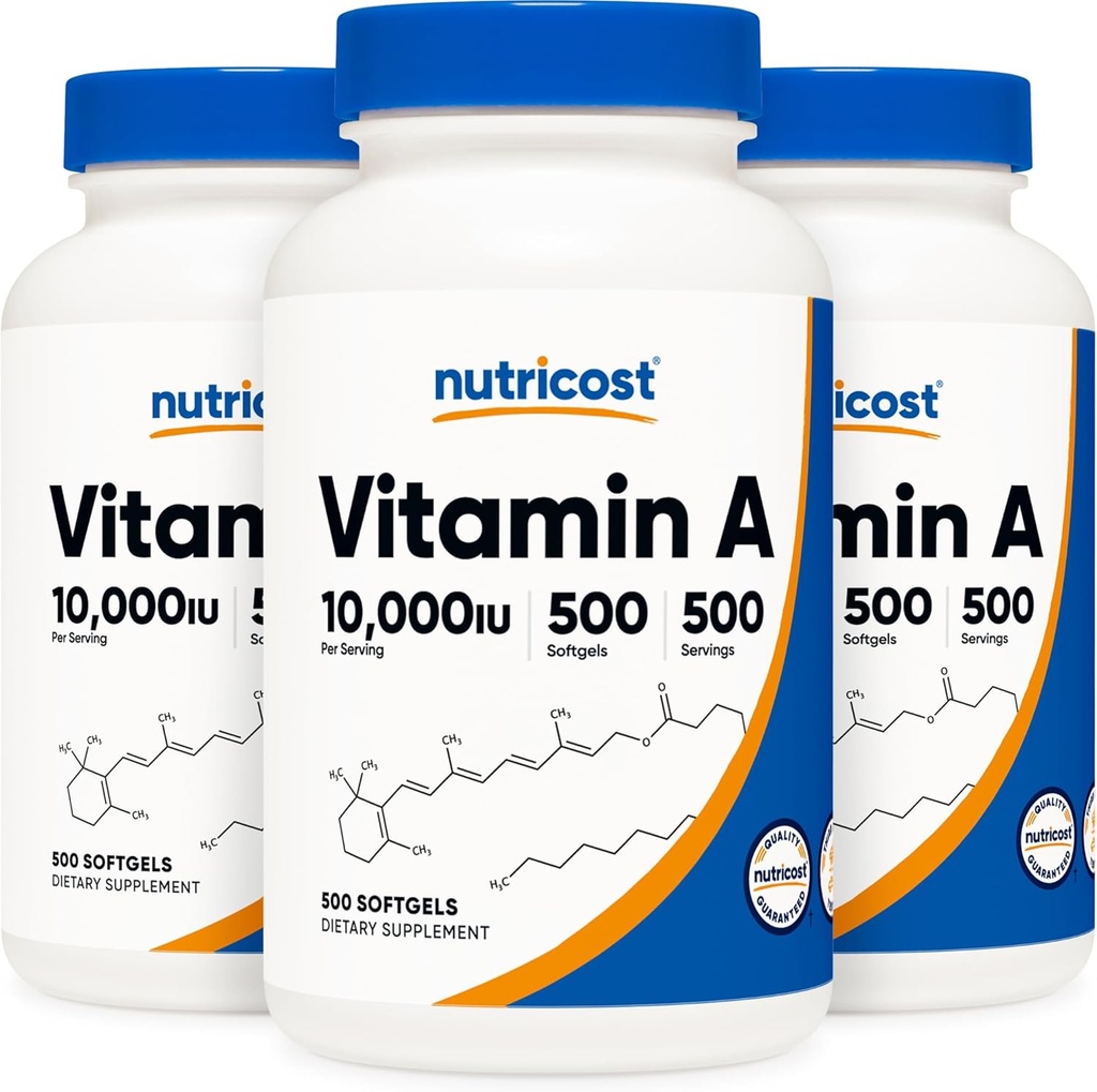 Nutricost Vitamina A 10000 UI, 500 Softgels (3 flacoane)