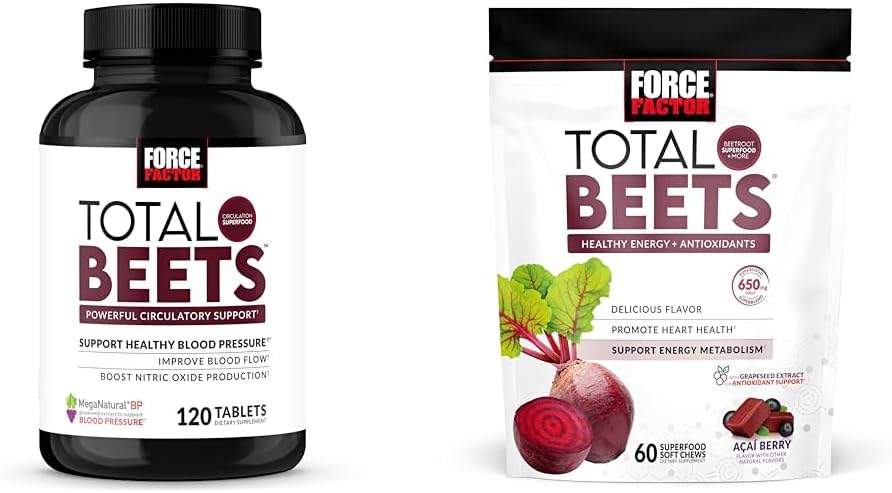 Force Factor Blood Pressure & Total Beets Chews Nitric Oxid Cardiovaskulær støtte Grapefrø Antioksidanter 120 Antall og 60 Chews