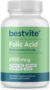 Ácido fólico BESTVITE 1000mcg (Vitamin B9) (240 Cápsulas Vexetarias) - Sen Fosfato Dicalcium - Sen Stearates - Non Dióxido de silicio - Non GMO - Gluten Free