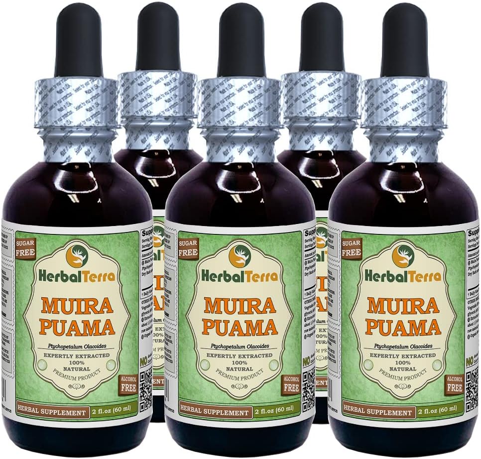 Muira Puama (Ptychopetalum Olacoides) Glycerite, Organic Alcohol-Free Liquid Extract (Brand Name: HerbalTerra, Proudly Made in USA) 5x2 fl.oz (5x60 ml)