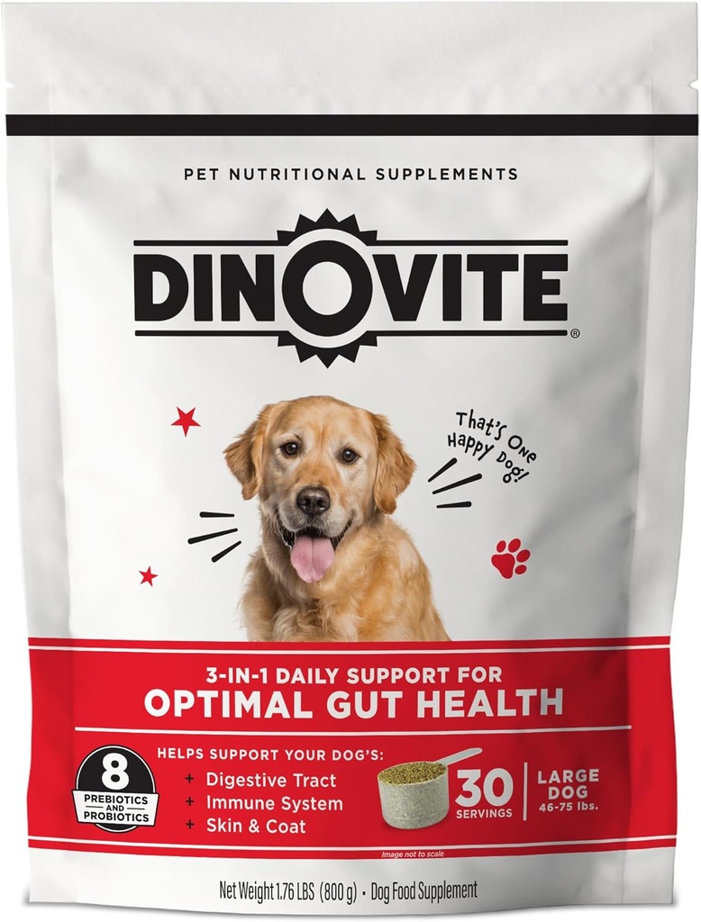 Dinovite Probiotični dodatek za pse - Omega 3 - Relief na vročih točkah - Supplement za kožo in plašč - 30 dnevna oskrba (30 dnevna oskrba, veliki psi (45+ lbs))