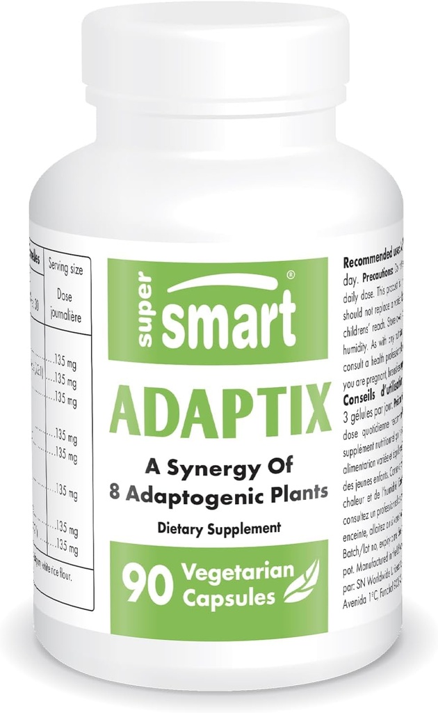 Supersmart Adaptix (Advanced Formula) - 8- in1 Plant Extracts - Adaptogen Herbs with Ashwagandha, Astragalus, Ginseng, Reishi 124; Non- GMO & Gluten Free - 90 vegetáriánus kapszula