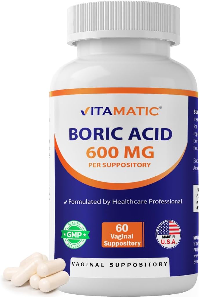 Vitamatic Boric Acid Vaginal капсули Shell Супозитория 600 mg USP клас Борна киселина във вегетарианска капсула Shell - 60 броя
