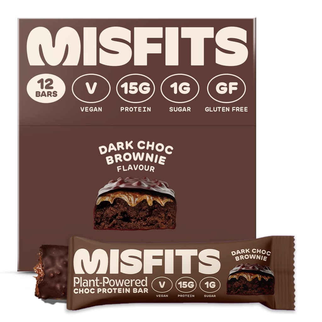 Misfits Vegan Protein Bars, Dark Chocolate Brownie - Původní recept CLO124; Gluten Free, Plant based, Nízký cukr & Carb, High Fiber Snacks CLO124; Balení 12