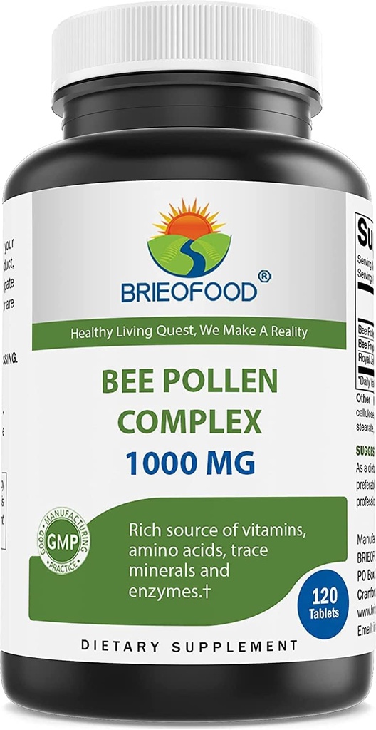 Brieofood Bee Pollen Complex 1000 mg 120 Comprimidos - Feito com Pólen de abelha, própolis de abelha, & Royal Jelly Powder