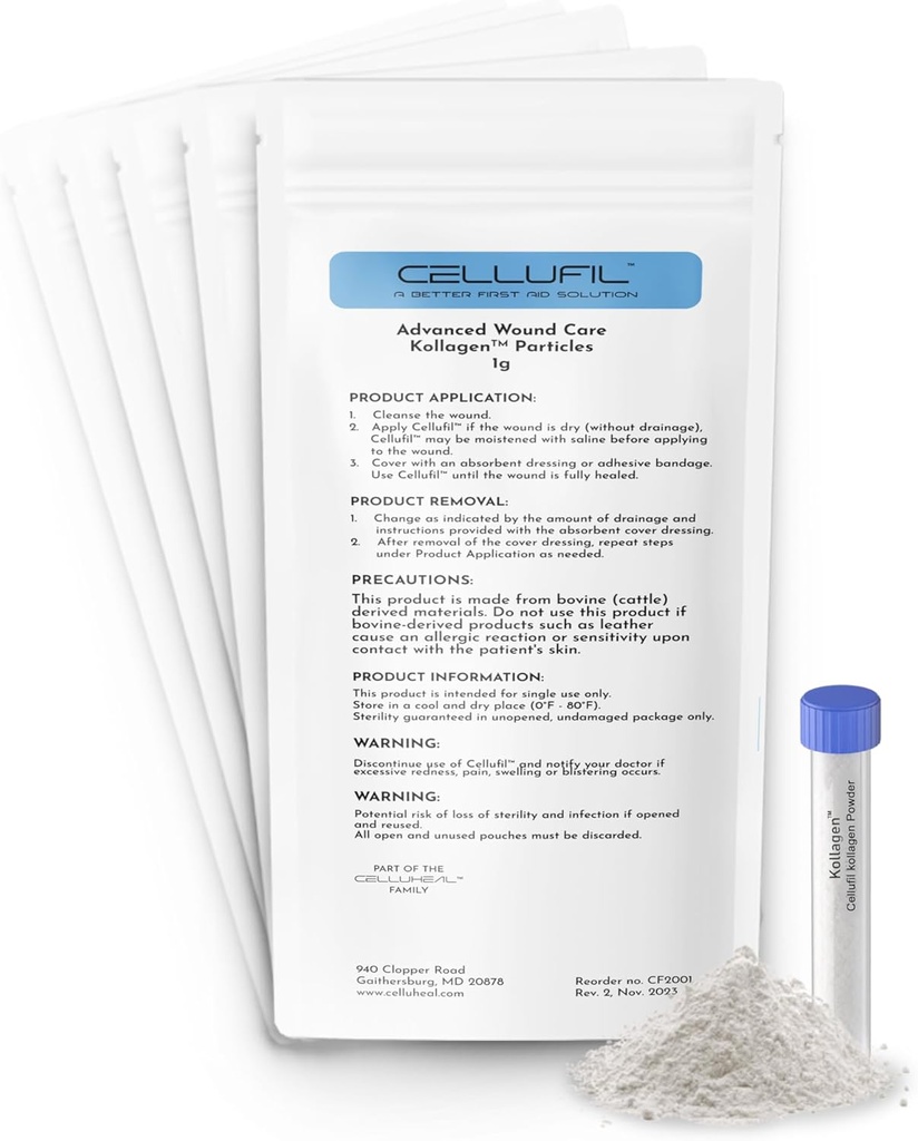 Cellufil Collagen Частици за напреднали грижи за раните - 10 флакона - 100% нехидролизиран едър рогат добитък Колаген за тъканна регенерация, първа помощ и дребно кървене