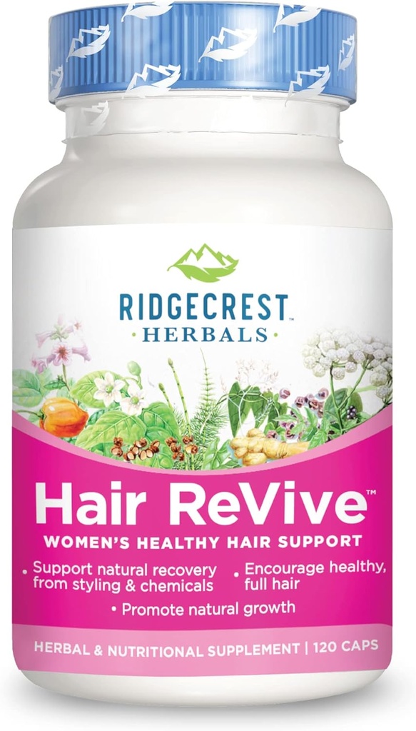 RidgeCrest Herbals Hair ReVive, Nutritional Hair Supplement with Vitamina C, Biotin (6000mcg), Zinco, e Cobre, Vitaminas capilares para mulheres para apoiar cabelos saudáveis, pele e unhas (120 Caps, 30 Servings)