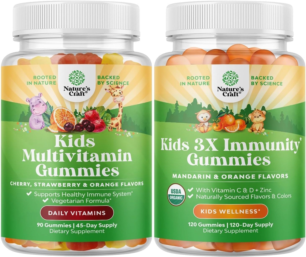 Bundle of Plant Based Kids Multivitamiini Gummies - vitamiinidega A, C, D3, E, B6 & B12, Tsink & jood ja orgaanilised lapsed Immune Support Gummies - Vegan Orgaaniline D-vitamiin C-vitamiini ja tsink