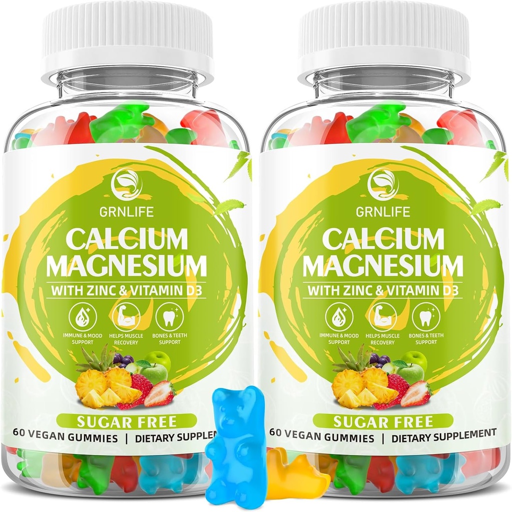Calcium Magnesium Zink Supplement med vitamin D3, Sugar Free Calcium Gummies för kvinnor män, High Potency Magnesium Gummies för ben & muskel & immunhälsa, blandade smaker - 120 greve