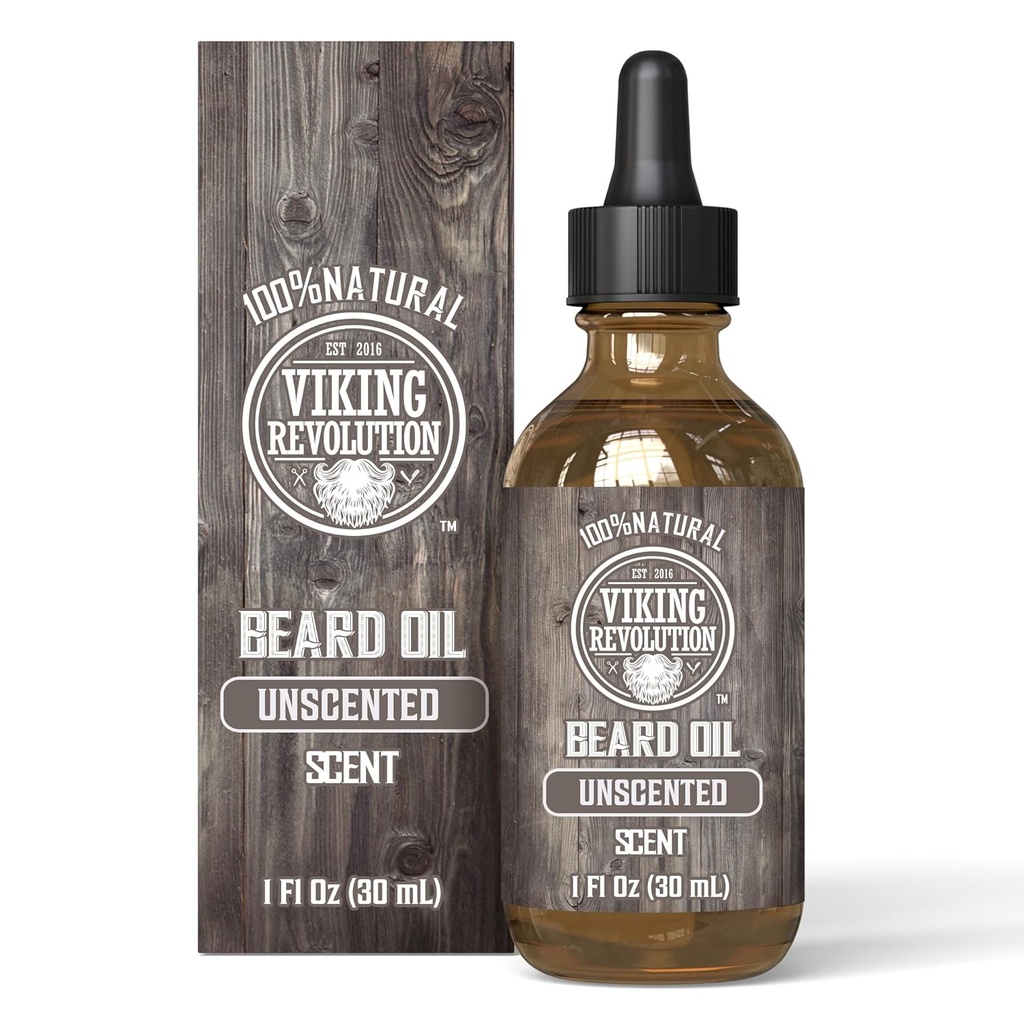 Vikingo Revolución Aceite de barba no centrado para hombres - Aceite de barba natural para hombres con aceite de argán y aceite de Jojoba - Suavedor de barba, fortalece y hidrata - Acondicionador de barba para hombres (Unscented, 1 Pack)