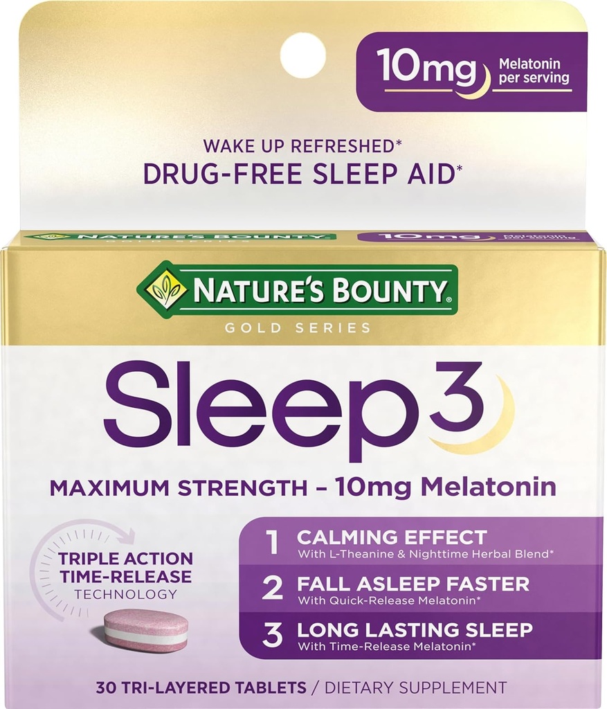 Nature's Bounty Melatonine, Sleep3 Maximale sterkte 100% Drugsvrij Slaaphulp, L-Theanine & Nighttime Herbal Blend Time Release Technology, 10mg, 30 Tri-Layered Tablets