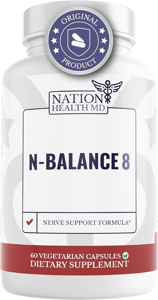 N-Balance8 - Fórmula de soporte nervioso - Suplemento de soporte nervioso con ácido alfa lipoico, Benfotiamina e ALA - Suplementos de saúde nerviosa para homes e mulleres, 60 cápsulas