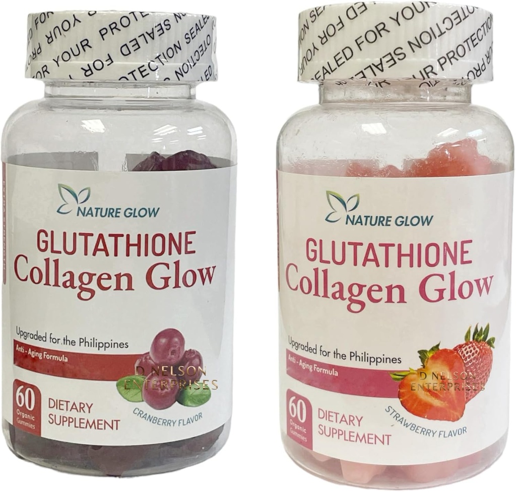 Nature Glow Glutathione Collagen Glow, 60 Gummies Organic Chewable (Strawberry (1Bottle) e Cranberry (1 Bottle)