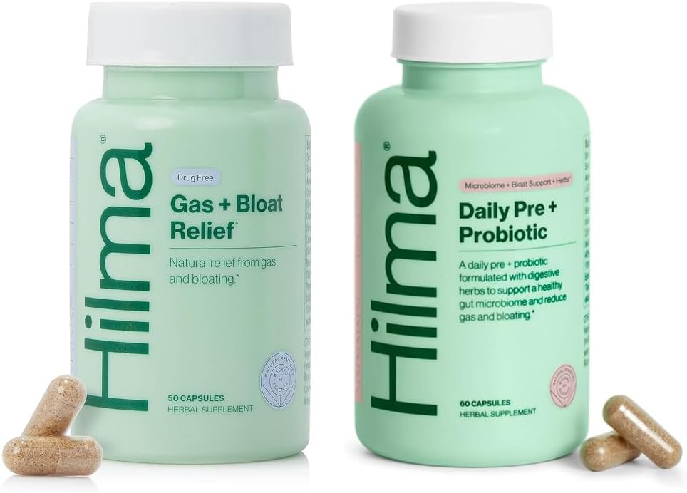 Hilma Sund Gut & Bloat Support Bundle - Gas & Bloat Relief (50 Vegansk Kapsler) med Lemon Balm, Fennel & Pebermynte Leaf + Daglig Pre & Probiotic med urter (60 Vegansk Kapsler) til en sund Gut