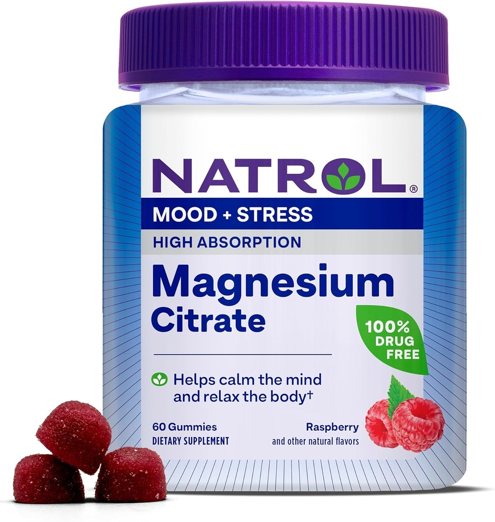 Natrol Magnesti Citeri, High Absium suplementari per a Mouard i Stres, Ajuda a calmar el cos, 60 Raspry-Flavod Gowes, dalt d'un camp de 30 dies