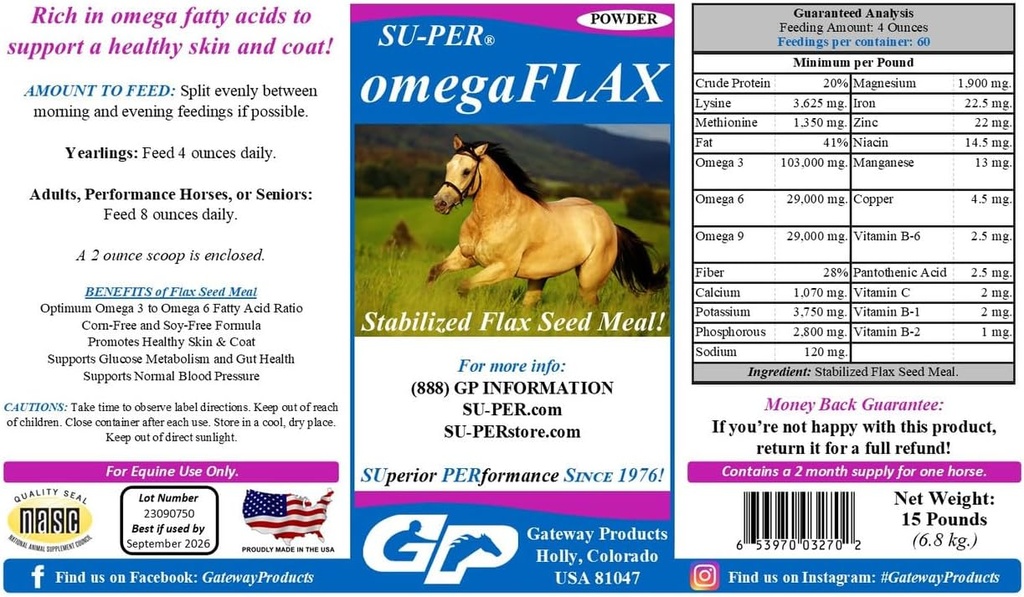 SU-PER OmegaFLAX Flax for Horses - Premium Stabilized Flax Seed Meal & Omega 3 Supplement - Supports Healthy Skin & Coat - 15 Pound