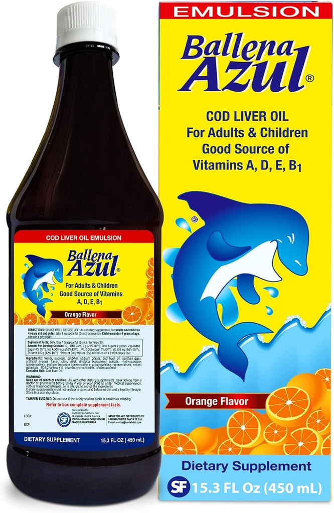Ballena Azul Aceita de Hígado de Baculo para Madgo y Niñyos, Petroli de COD Liver per a adults i Nens, bon codi font de vitamina A, D, EE, B1, Dietary suplementari, Omega 3, Inmnee System Boopedora (ORE 15Z)