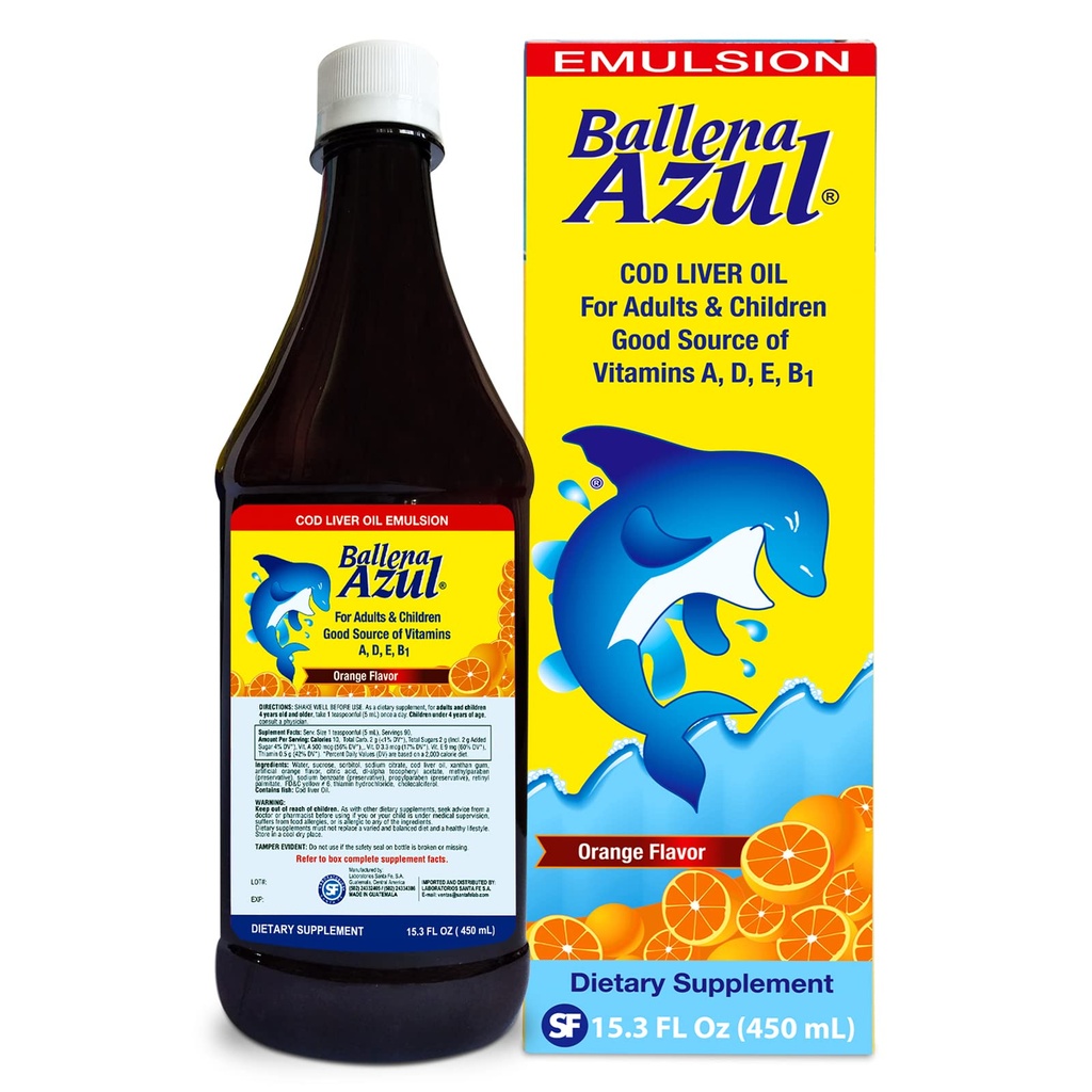 Ballena Azul Aceite de Hígado de Bacalao para Adultos y Niños, COD Liver Oil for Adults and Children, Good Source of Vitamins A,D,E, B1, Dietary Supplement, Omega 3, Inmune System Boost (ORANGE 15 OZ)