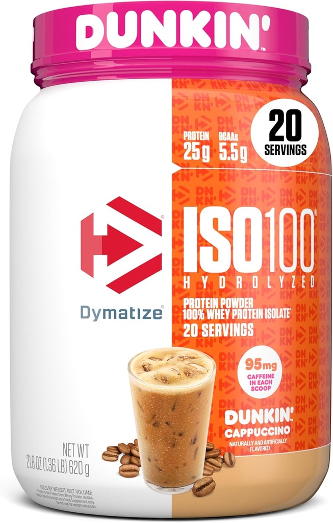 Dymatizovať x Dunkin' Cappuccino ISO100 Srvátkový proteínový prášok, 95 mg kofeínu, 25g proteínu5,5g BCAA, 120 kalov, bez lepku, 1g tuku, 1g cukru, 2g Carb (20 porcií)