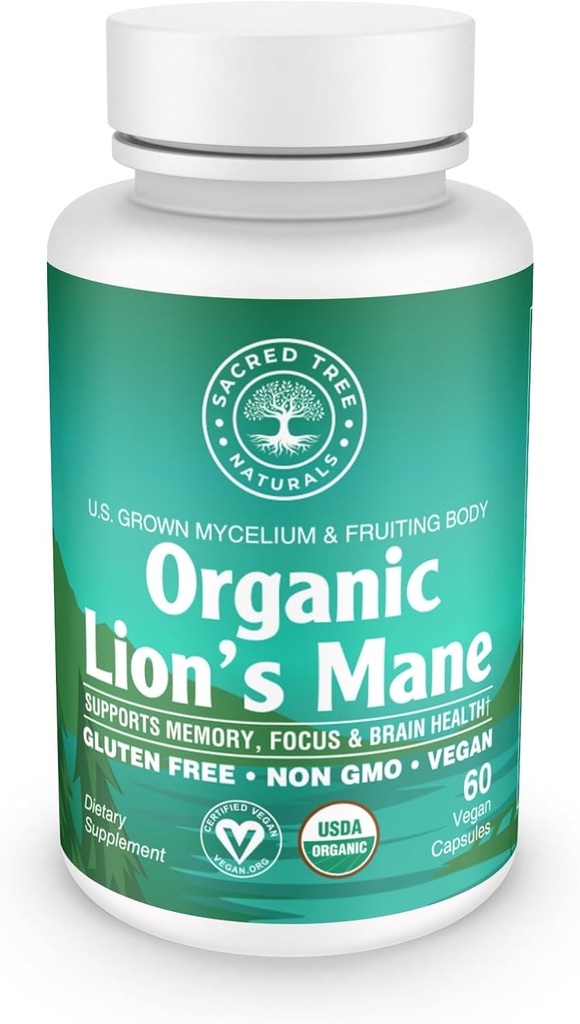 Organic Lion's Mane Mushroom Capsules - 1,000mg High Potency - Brain Boost, Focus & Immune Support - Non-GMO, Vegan, 60 Count
