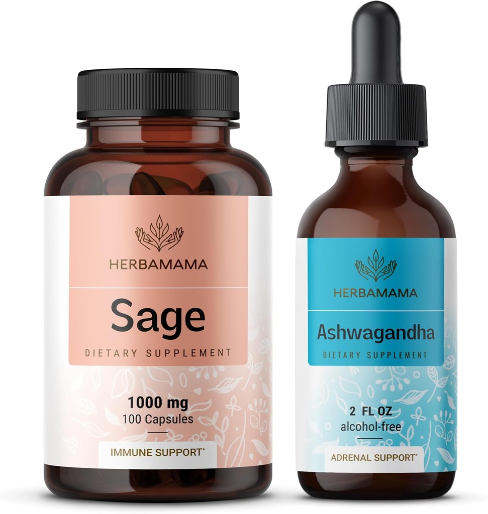HERBAMAMA Sage and Ashwagandha Kit - Budl of 1000 mg Sage Leaf Capsules & Ashwagandha Root Tincture 2 fl oz - Vegan, Non- GMO, Sugar & Alkoholio - Free - 2 Pack