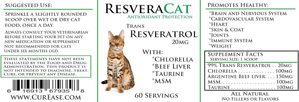 ResveraCat Anti Aging Cat Formel 99% Trans Resveratrol Powder, MSM, Taurine, Chlorella, Beef Liver