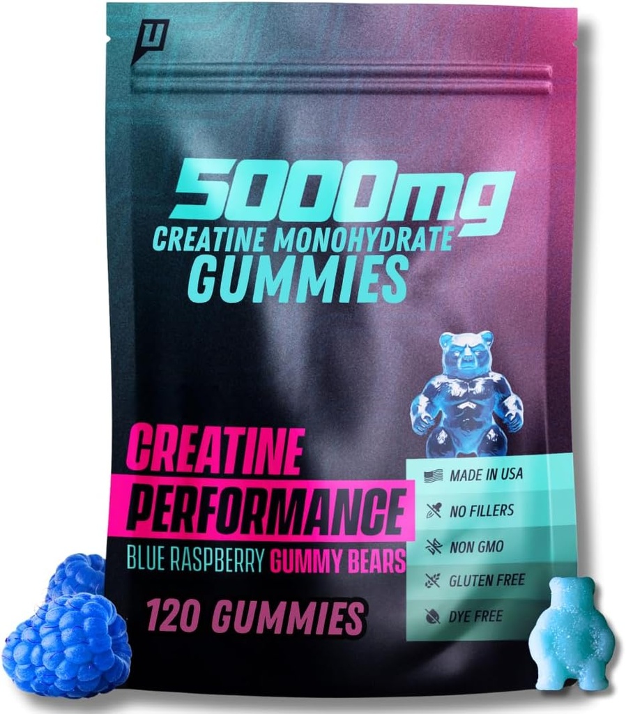 Creatine Monohydrate Gumies 5G - Finom kék málna Flavor, Max Erő az izmok növekedéséhez, Fast Absorbing férfiaknak és nőknek - Premium All Natural, Lab Tested - 30 Servings