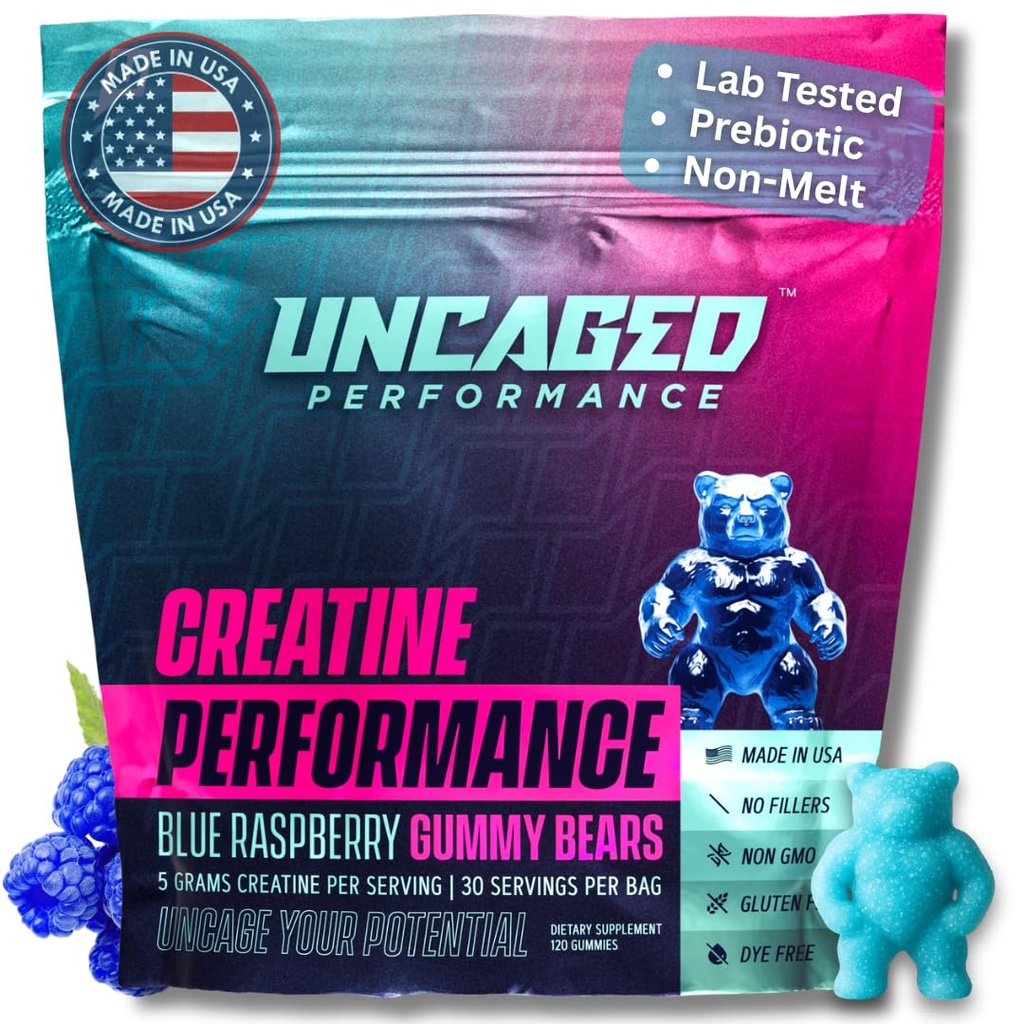 Creatine Monohydrate Gummies 5g with Prebiotic Fiber for Muscle Growth & Strength, 30 Servings, Blue Raspberry - Lab Tested - 5000mg Premium All Natural