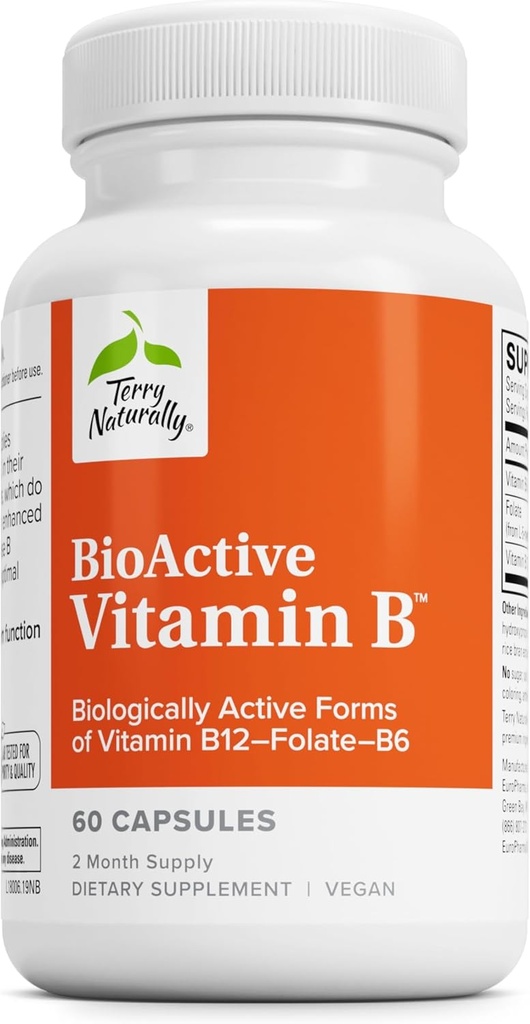 Terry Естествено BioActive Витамин B - Heart Health with Bioactive B Vitamins - Допълнение към Folate & Calcium - B Complex Vitamin to Aid Nervox System Function - 60 капсули