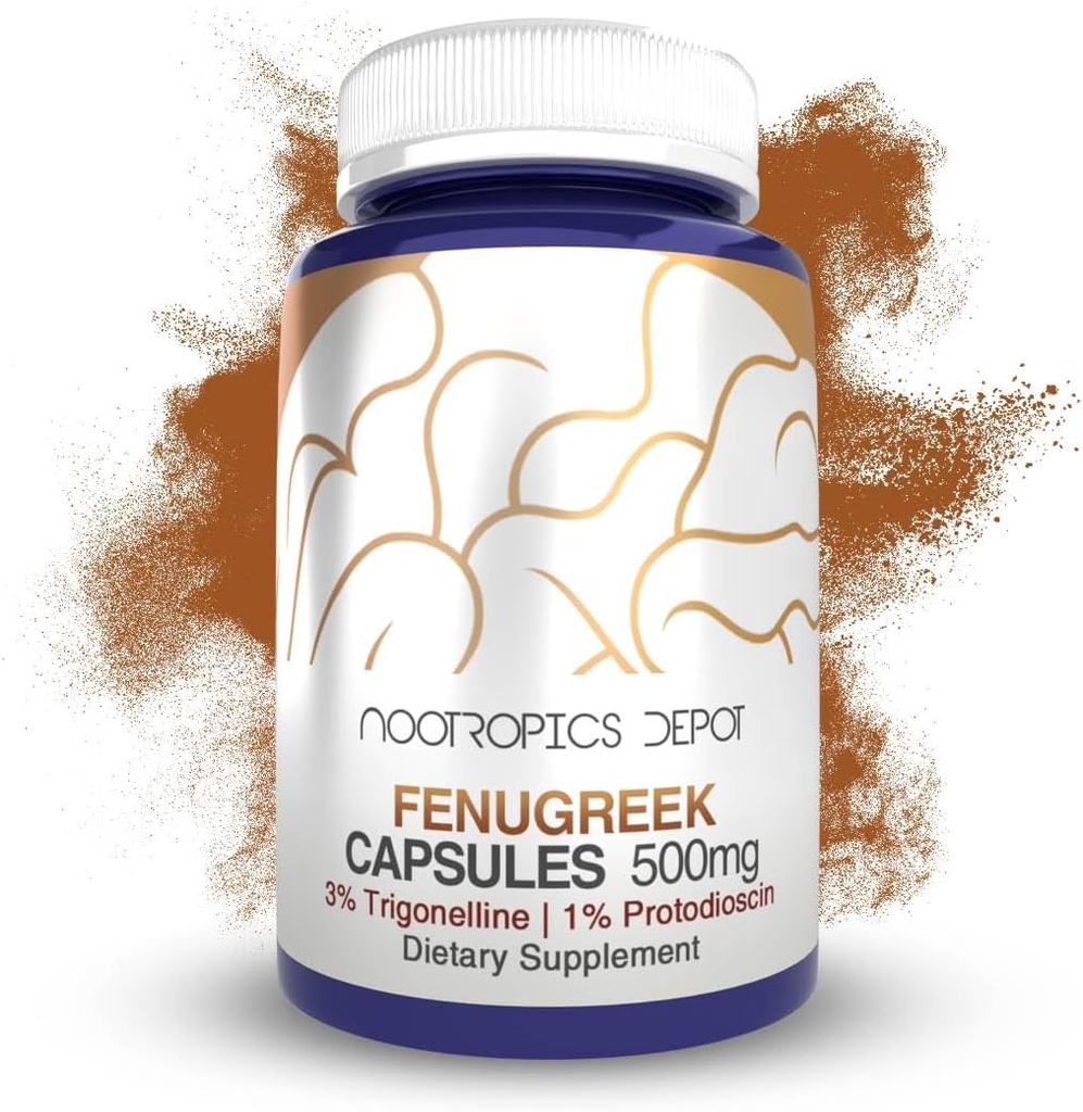 Nootrops Depot Fenugreek Extract Capsules - 500 mg - 180 ct - 3% Trigonelīns, 1% Protodioscīns - Trigonella foenum- graecum - dīgst, fitness, & metaboliskā funkcija