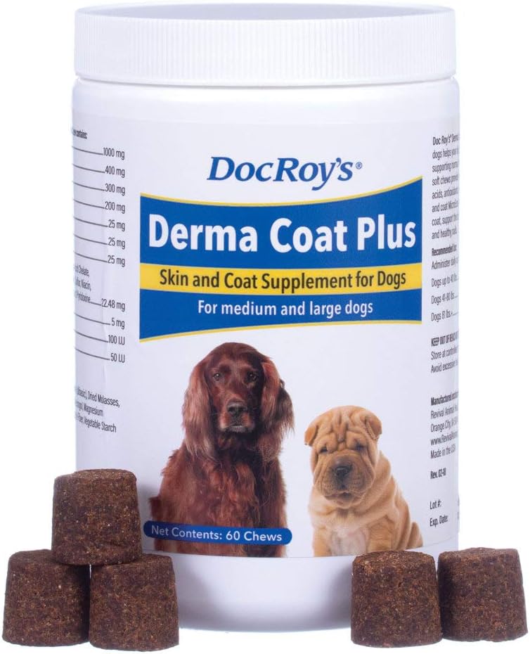 Revival Animal Health Doc Roy's Derma Coat Plus Skin & Coat Supplement for mellomstor/store hunder - 60 ct Chews